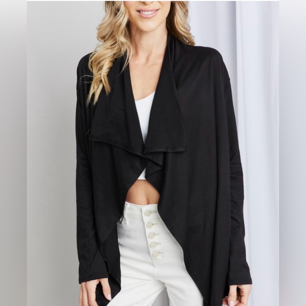 Alana Open Front Drapey Waterfall Collar Cardigan DzS Black Minimalist